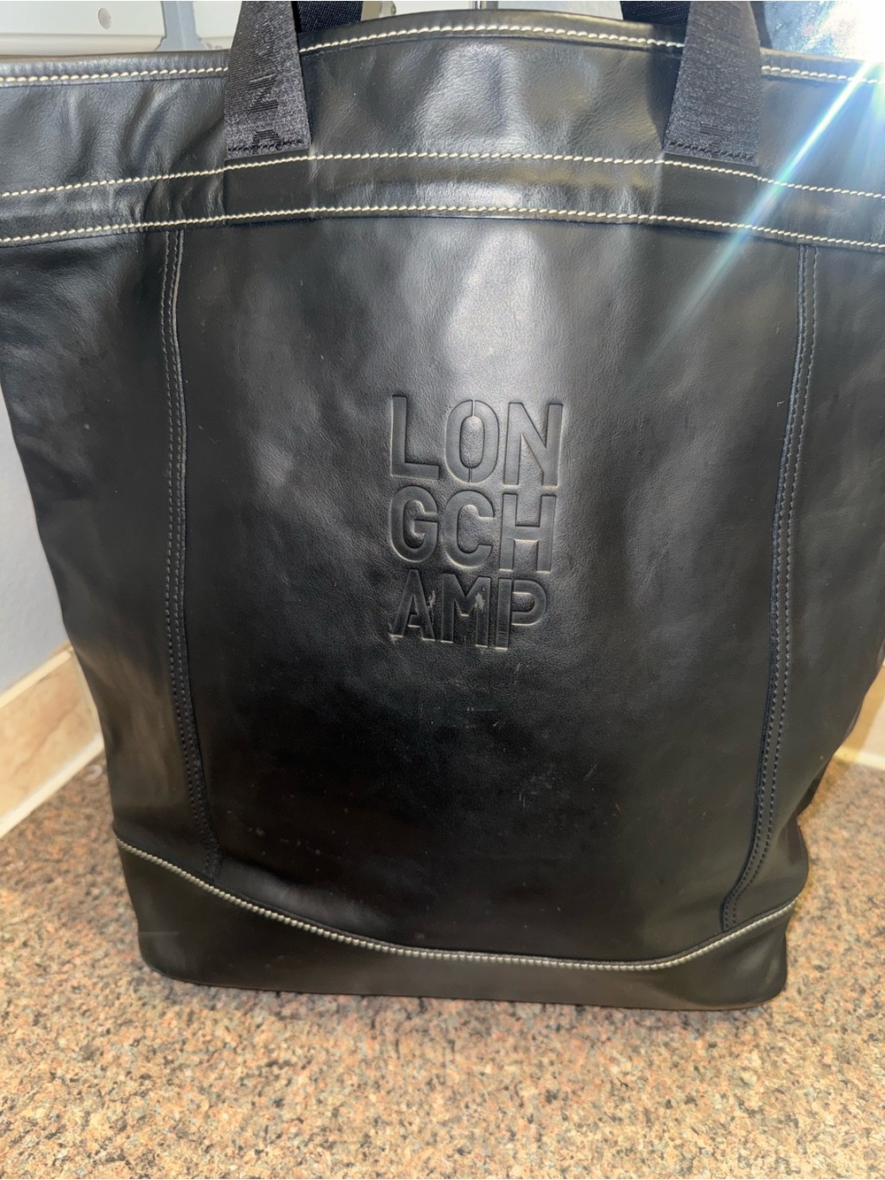 Longchamp Black Leather top handle laptop tote EUC